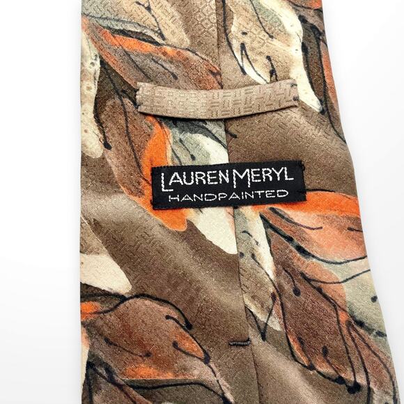 90s LAUREN MERYL Vintage Brown Orange Silk Painted Tie - Picture 4 of 6